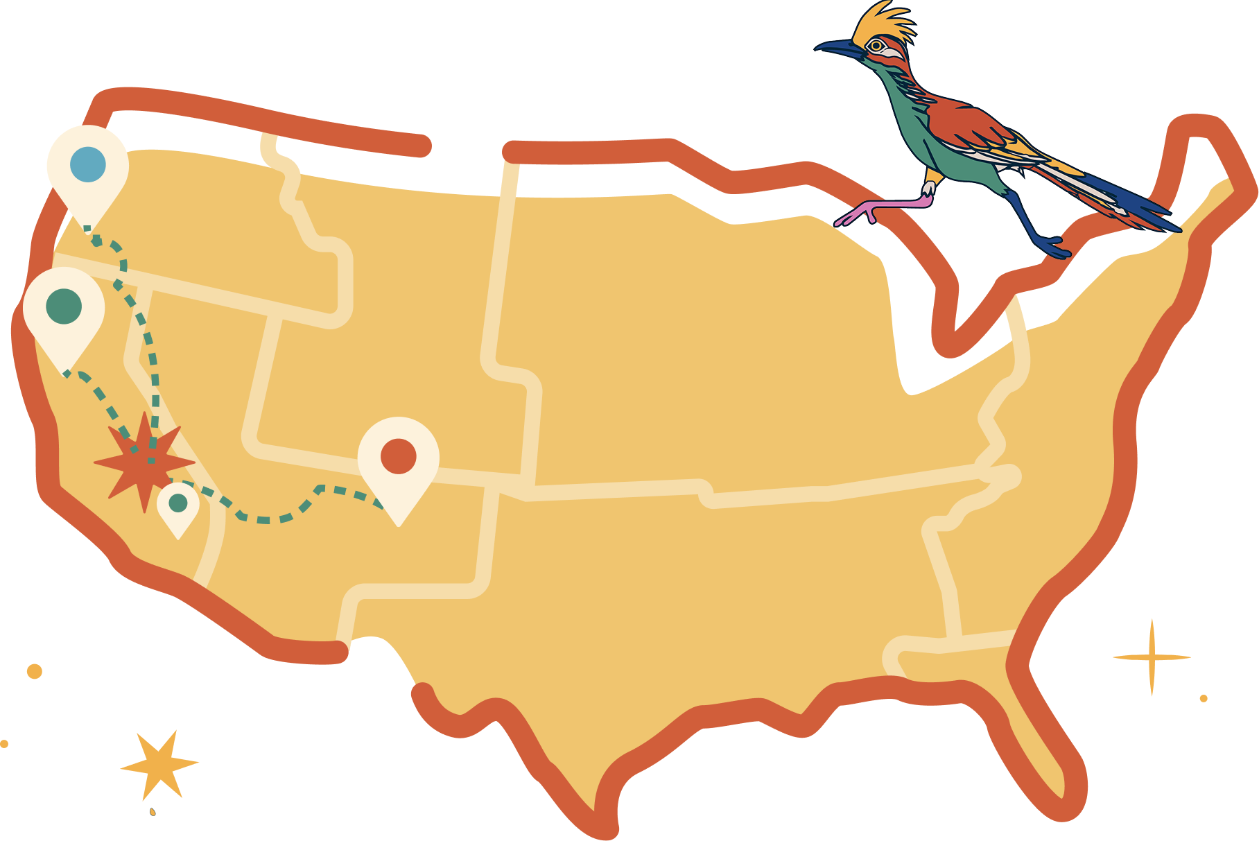 Map of the United States with caravan routes converging on Johnson Valley, CA