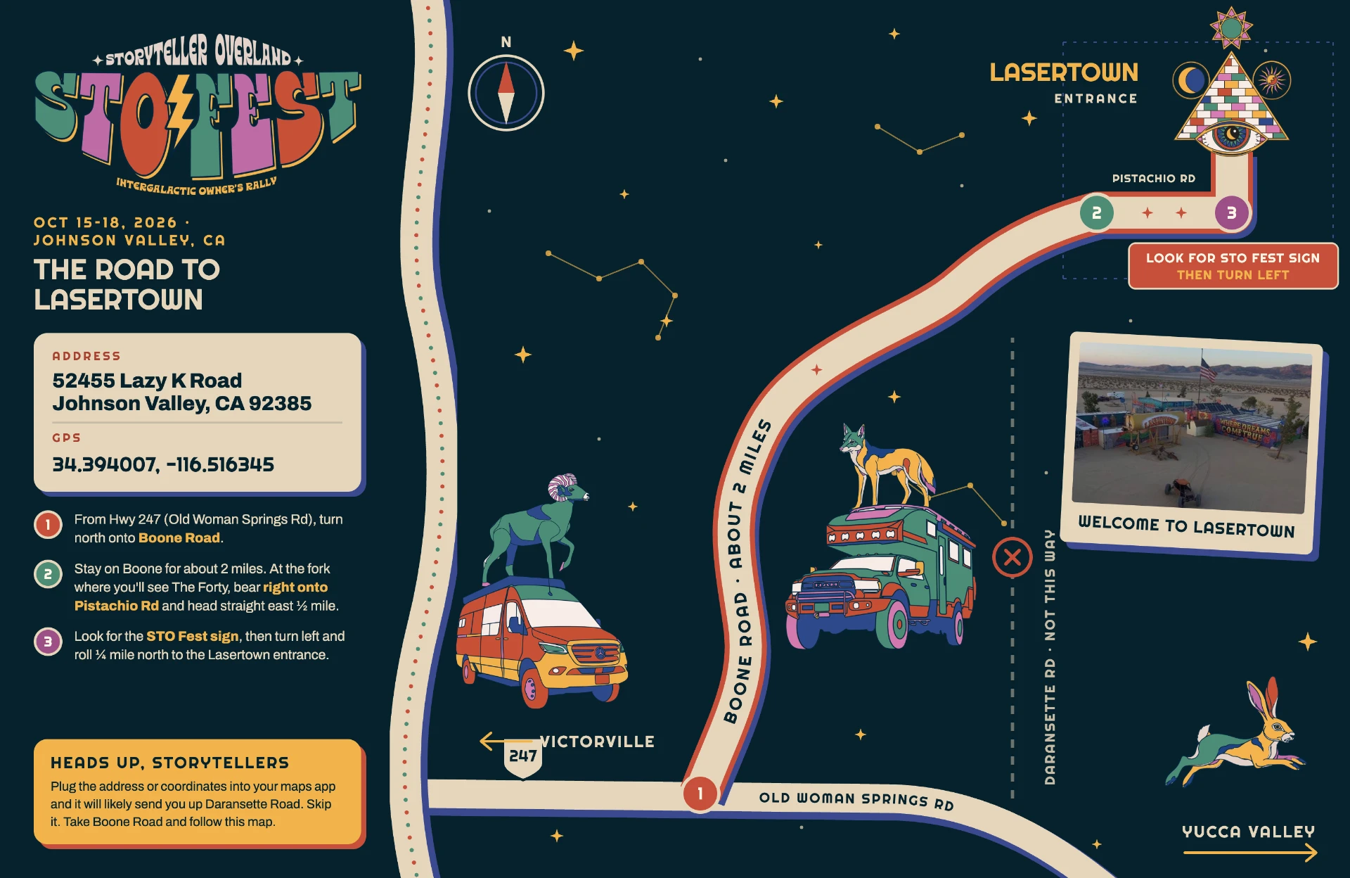 The Road to Lasertown — map with directions from Hwy 247 via Boone Road and Pistachio Rd